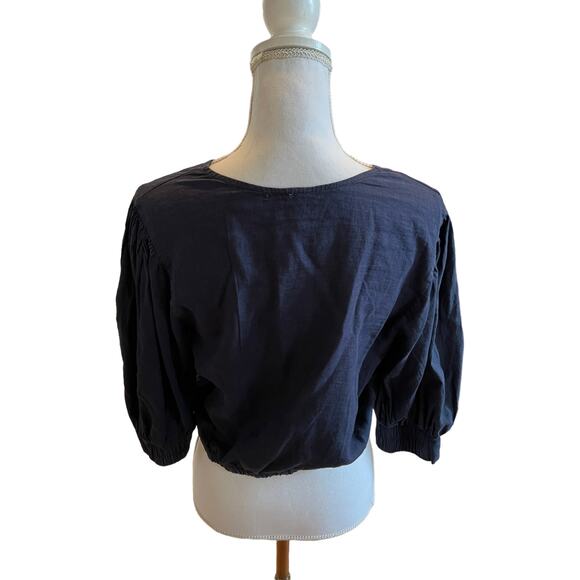 YFB Young Fabulous Broke Linen Cropped Knot Front Miranda Top Navy Blue M - Picture 4 of 8